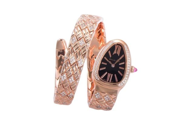 Bvlgari Serpenti Spiga Rose Gold Black Dial Diamond bezel
