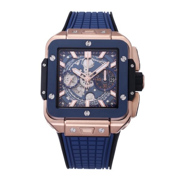 HUBLOT SQUARE BANG UNICO ROSE GOLD BLUE CERAMIC BEZEL WATCH BBF