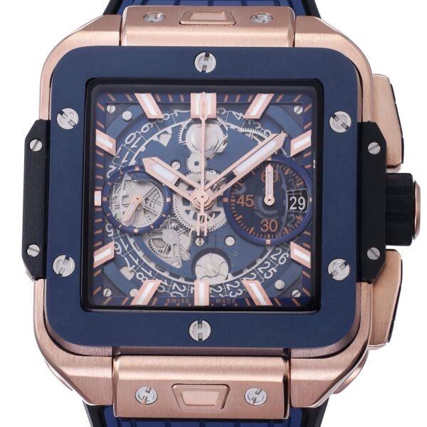 HUBLOT SQUARE BANG UNICO ROSE GOLD BLUE CERAMIC BEZEL WATCH BBF