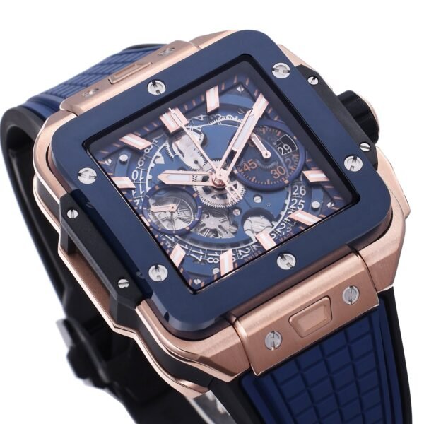 HUBLOT SQUARE BANG UNICO ROSE GOLD BLUE CERAMIC BEZEL WATCH BBF
