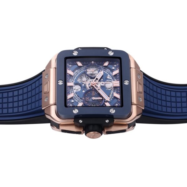 HUBLOT SQUARE BANG UNICO ROSE GOLD BLUE CERAMIC BEZEL WATCH BBF