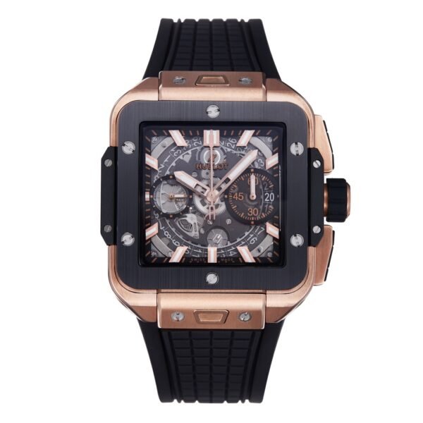 Hublot Square Bang Unico BBF super clone (5) hublot Best 1:1 Super Clone BBF Factory 18K Rose Gold PVD Case Black Ceramic Bezel Skeleton Flyback Chronograph