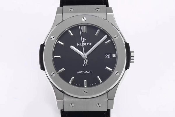 hublot classic fusion 42mm titanium black dial replica with satin polished case 6 H-shaped screws