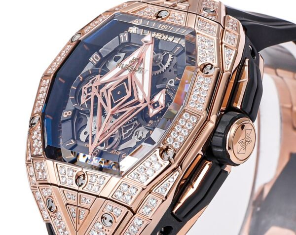 Hublot Spirit of Big Bang King Gold diamond bezel 42mm replica rose gold case baguette diamonds skeleton dial