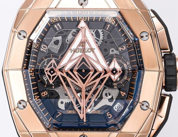 Hublot Spirit of Big Bang King Gold rose gold watch (1) 6 H shaped titanium screws design signature element Big Bang Spirit collection bezel side view BBF replica