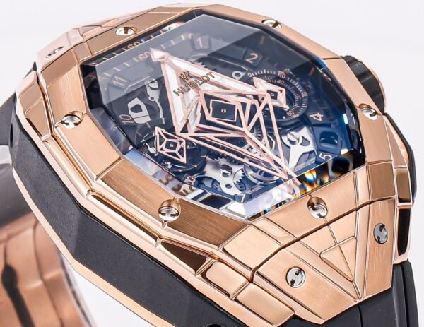 Hublot Spirit of Big Bang King Gold rose gold watch (2) 6 H shaped titanium screws design signature element Big Bang Spirit collection bezel side view BBF replica