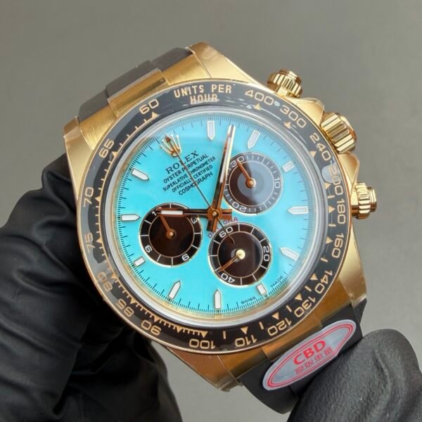 top-tier replica rolex daytona m126518-0014 with 18K gold tiffany dial and ceramic bezel.