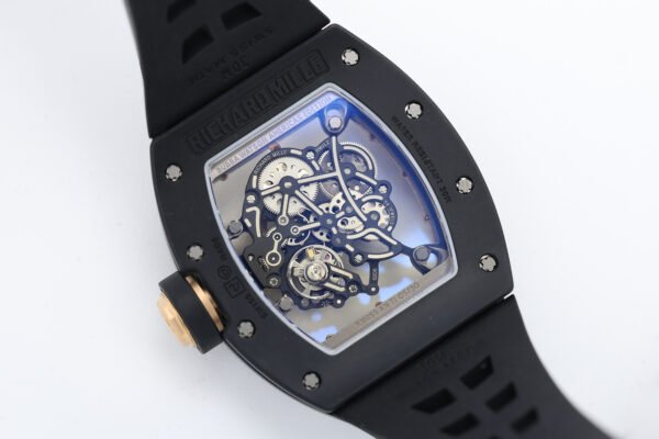 rm055 all-black transparent case back clearly shows the internal structure of the movement.
