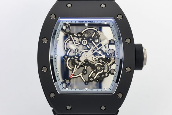 zf v3 best rm055 black ceramic skeleton dial front view