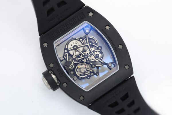 rm055 all-black transparent case back clearly shows the internal structure of the movement.