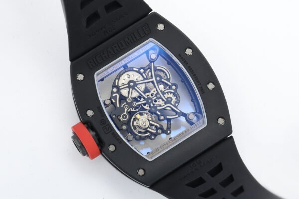 rm055 all-black transparent case back clearly shows the internal structure of the movement.
