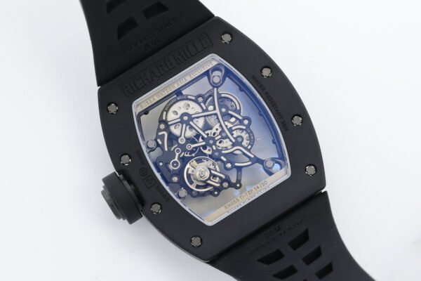 rm055 all-black transparent case back clearly shows the internal structure of the movement.