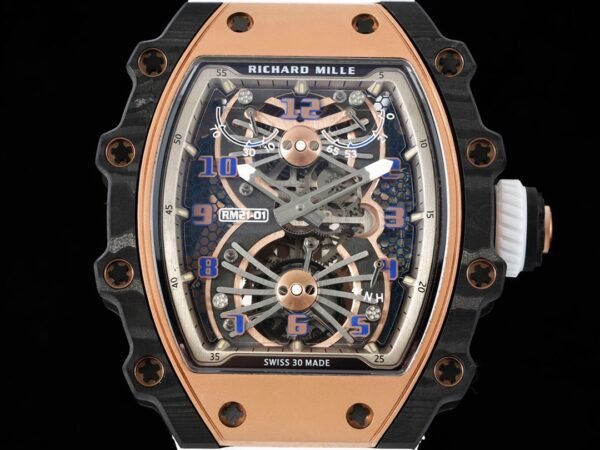 carbon fiber and 5n red gold, skeletonized dial, blue and gold Arabic numerals.