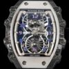 carbon tpt +titanium skeletonized dial, blue and gold Arabic numerals.