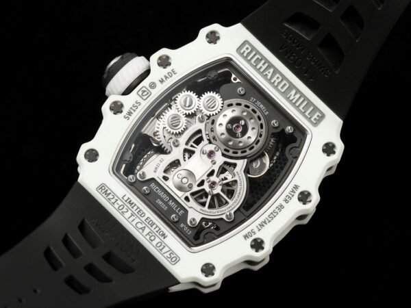 close-up details of the movement of the rm21-02 luxury sports watch.