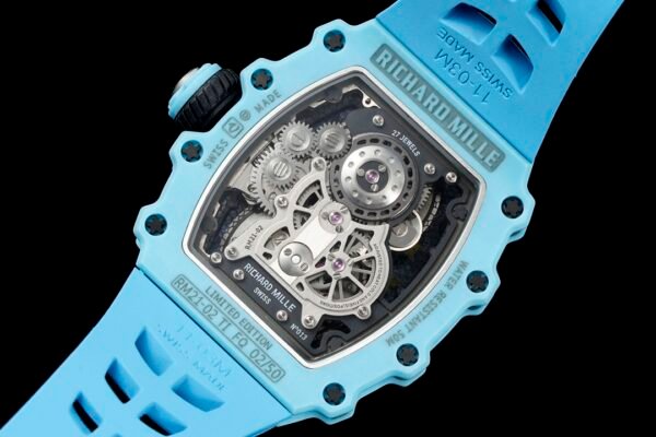 close-up details of the movement of the rm21-02 luxury sports watch.