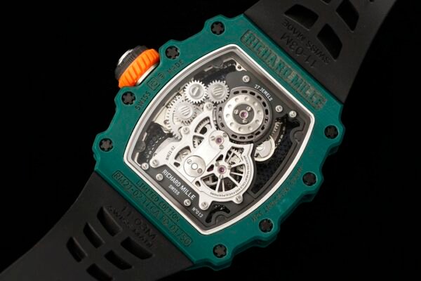 close-up details of the movement of the rm21-02 luxury sports watch.