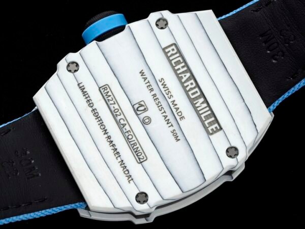 detailed image of the back of the carbon TPT case with 4 titanium Torx screws.