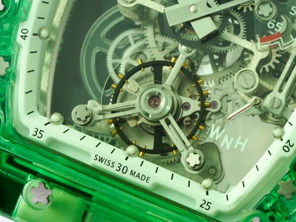 rm56-01 features a skeletonized dial with a visible tourbillon movement. rm56-01 features a skeletonized dial with a visible tourbillon movement.