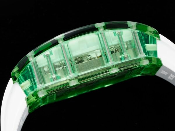 the transparent sapphire crystal case clearly shows the titanium screws connecting the watch. the transparent sapphire crystal case clearly shows the titanium screws connecting the watch.