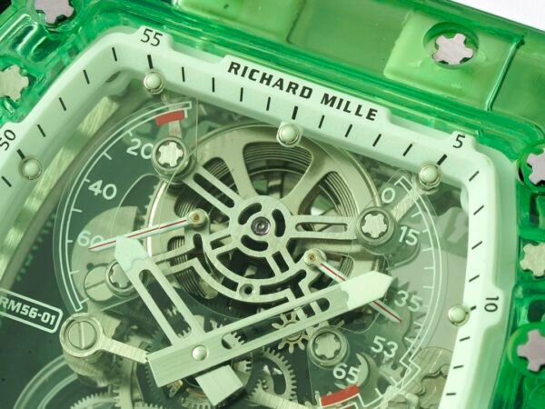 rm56-01 sapphire crystal case with a skeletonized dial clearly shows the mainspring barrel. rm56-01 sapphire crystal case with a skeletonized dial clearly shows the mainspring barrel.