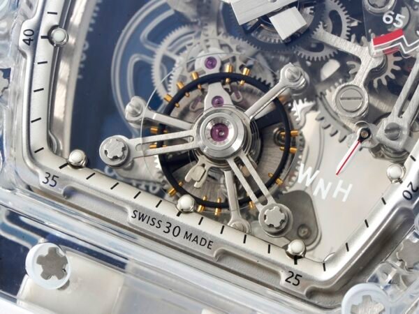rm56-01 features a skeletonized dial with a visible tourbillon movement.