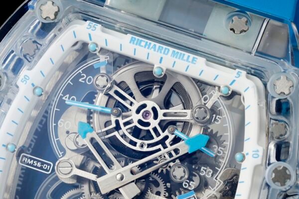 rm56-01 sapphire crystal case with a skeletonized dial clearly shows the mainspring barrel. rm56-01 sapphire crystal case with a skeletonized dial clearly shows the mainspring barrel.