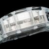 the transparent sapphire crystal case clearly shows the titanium screws connecting the watch. the transparent sapphire crystal case clearly shows the titanium screws connecting the watch.