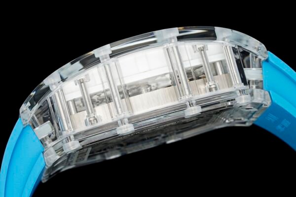 the transparent sapphire crystal case clearly shows the titanium screws connecting the watch. the transparent sapphire crystal case clearly shows the titanium screws connecting the watch.