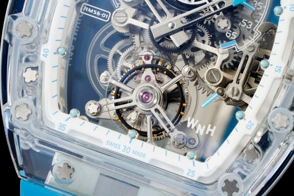 rm56-01 features a skeletonized dial with a visible tourbillon movement. rm56-01 features a skeletonized dial with a visible tourbillon movement.