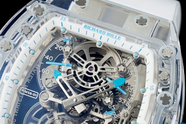 rm56-01 sapphire crystal case with a skeletonized dial clearly shows the mainspring barrel.