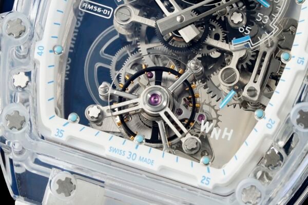 rm56-01 features a skeletonized dial with a visible tourbillon movement.