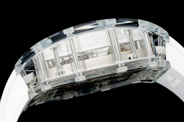 the transparent sapphire crystal case clearly shows the titanium screws connecting the watch.