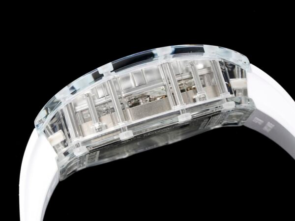 the transparent sapphire crystal case clearly shows the titanium screws connecting the watch.