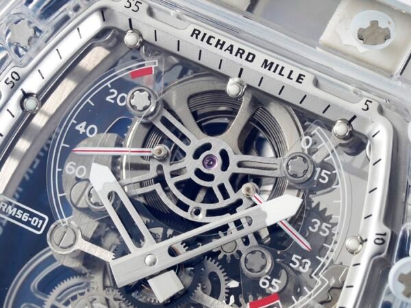 rm56-01 sapphire crystal case with a skeletonized dial clearly shows the mainspring barrel.