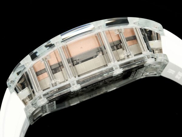 the transparent sapphire crystal case clearly shows the titanium screws connecting the watch.