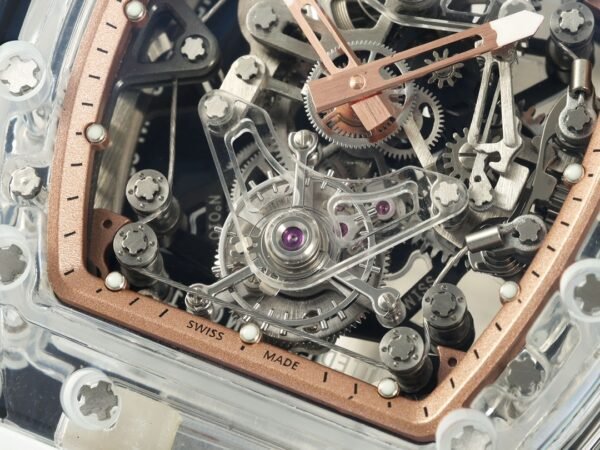 rm56-02 features a skeletonized dial Cable-Suspension with a visible tourbillon movement.