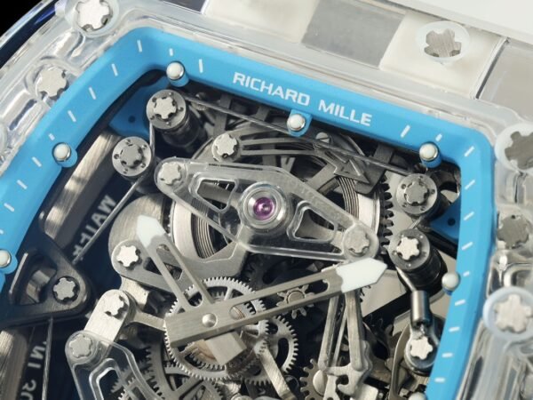 rm56-02 features a sapphire crystal case with a skeletonized dial and cable-suspension, clearly showing the mainspring barrel. rm56-02 features a sapphire crystal case with a skeletonized dial and cable-suspension, clearly showing the mainspring barrel.