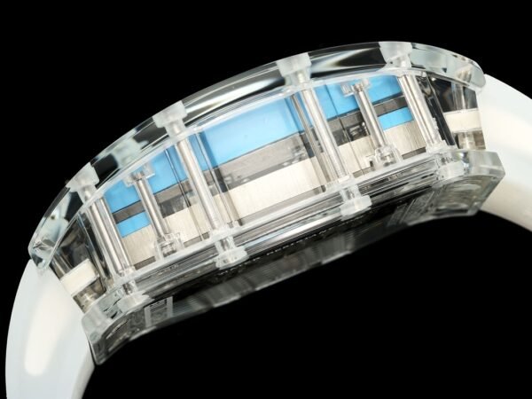 the transparent sapphire crystal case clearly shows the titanium screws connecting the watch. the transparent sapphire crystal case clearly shows the titanium screws connecting the watch.