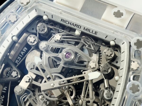 rm56-02 features a sapphire crystal case with a skeletonized dial and cable-suspension, clearly showing the mainspring barrel. rm56-02 features a sapphire crystal case with a skeletonized dial and cable-suspension, clearly showing the mainspring barrel.