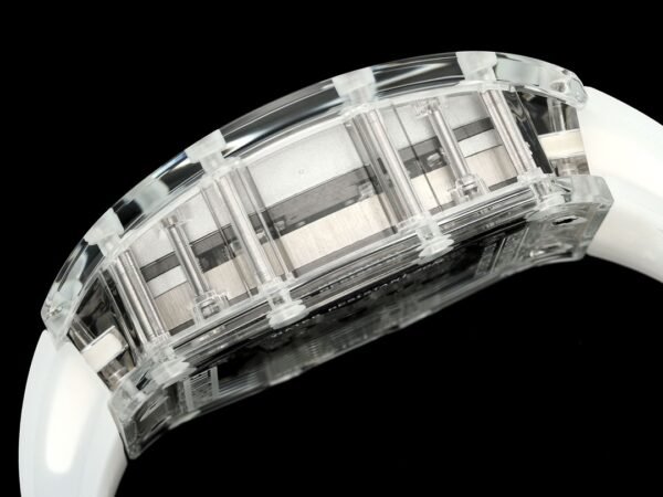 the transparent sapphire crystal case clearly shows the titanium screws connecting the watch. the transparent sapphire crystal case clearly shows the titanium screws connecting the watch.
