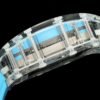 the transparent sapphire crystal case clearly shows the titanium screws connecting the watch.