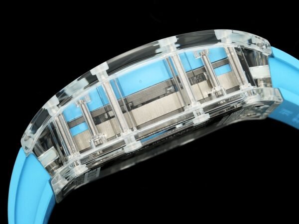 the transparent sapphire crystal case clearly shows the titanium screws connecting the watch.
