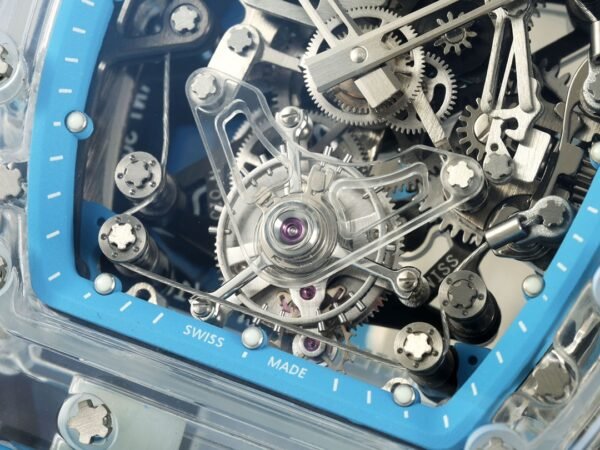 rm56-02 features a skeletonized dial Cable-Suspension with a visible tourbillon movement.