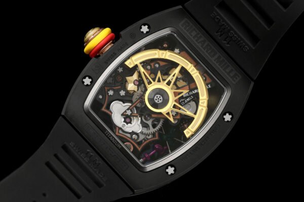 the movement is clearly visible through the transparent case back of the rm88.