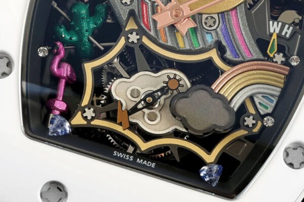 The tourbillon is hidden behind the clouds☁️ at 6 o'clock, with lightning⚡️ bolts and the sun☀️ adorning the two ends of the small seconds hand.