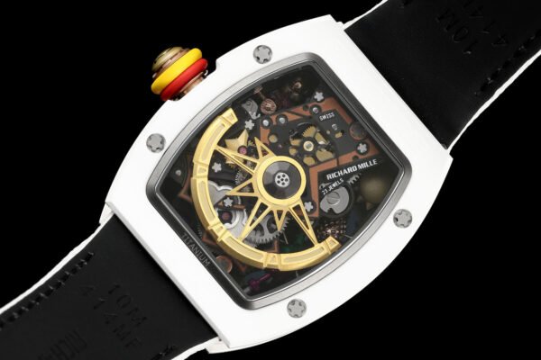 the movement is clearly visible through the transparent case back of the rm88.