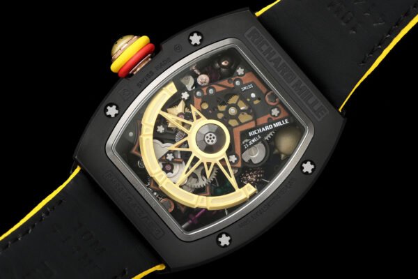 the movement is clearly visible through the transparent case back of the rm88.