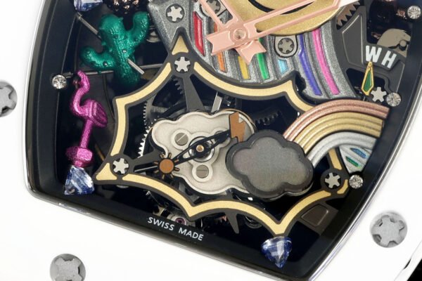 The tourbillon is hidden behind the clouds☁️ at 6 o'clock, with lightning⚡️ bolts and the sun☀️ adorning the two ends of the small seconds hand.