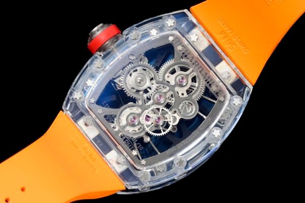 close-up details of the movement of the rm27-02 luxury sports watch.